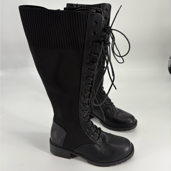 Torrid Stretch Knit Combat Knee Boot - Black Faux Leather (WW) - Picture 1 of 7